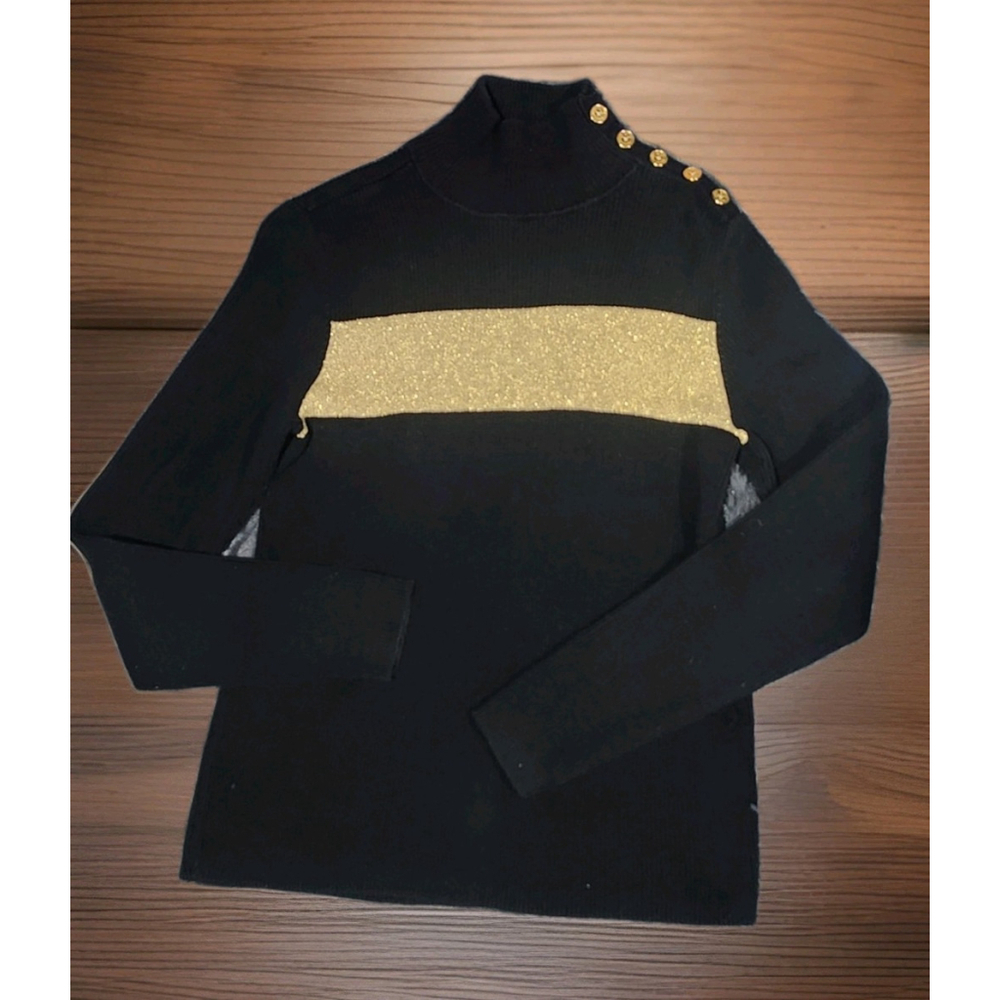 Lauren By Ralph Lauren Long Sleeve Top - Black And Gold Stripe - Small